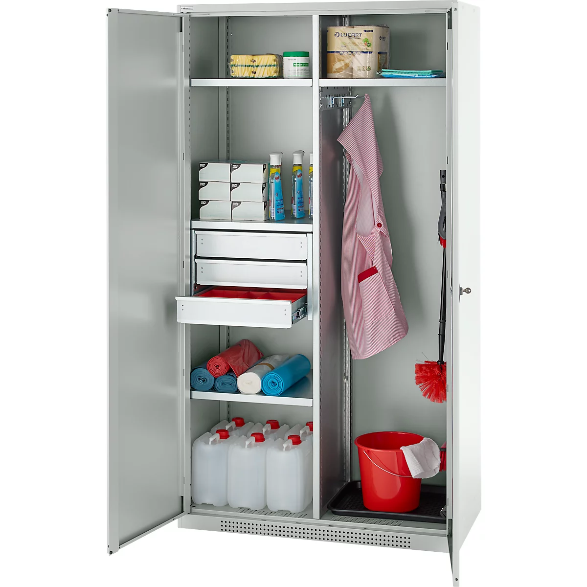 Schäfer Shop Genius Mehrzweckschrank FS, modular, abschließbar, mit Mittelwand, 4 Fachböden, B 1055 x T 520 x H 1950 mm, lichtgrau