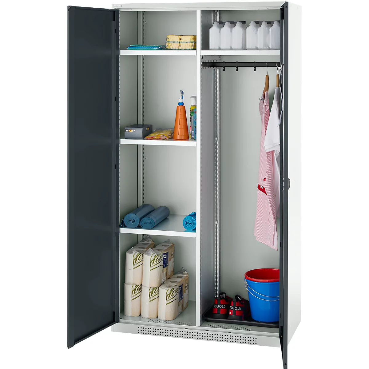 Schäfer Shop Genius Mehrzweckschrank FS, modular, indivuduell erweiterbar, Mittelwand, 4 Fachböden, bis 450 kg, B 1055 x T 520 x H 1950 mm, lichtgrau/anthrazitgrau