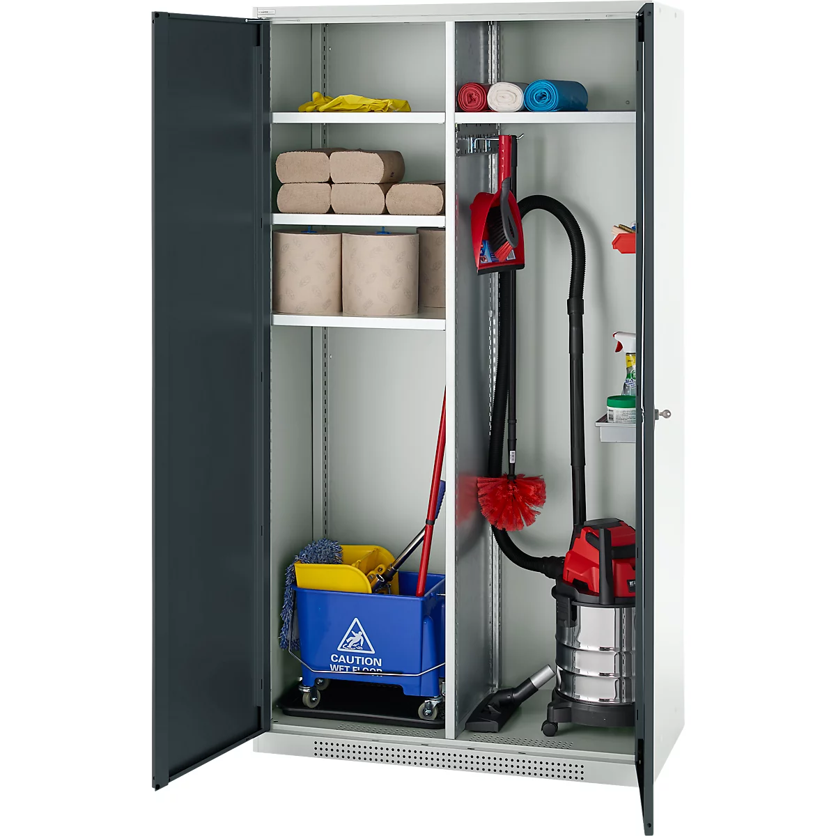 Schäfer Shop Genius Mehrzweckschrank FS, modular, indivuduell erweiterbar, Mittelwand, 4 Fachböden, bis 450 kg, B 1055 x T 520 x H 1950 mm, lichtgrau/anthrazitgrau