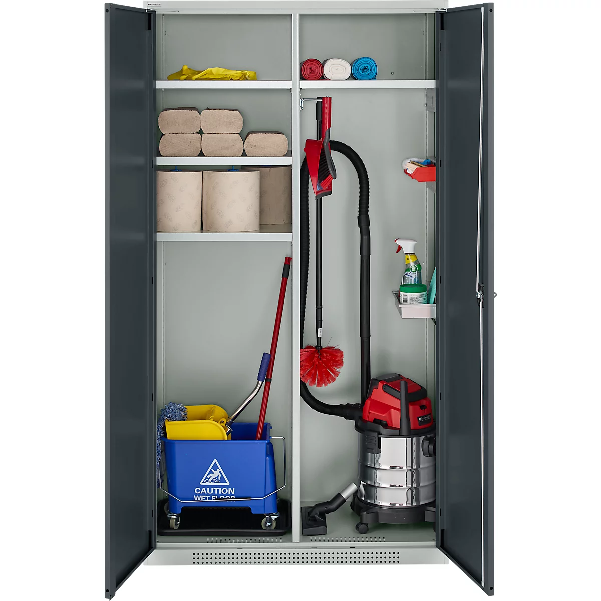 Schäfer Shop Genius Mehrzweckschrank FS, modular, indivuduell erweiterbar, Mittelwand, 4 Fachböden, bis 450 kg, B 1055 x T 520 x H 1950 mm, lichtgrau/anthrazitgrau