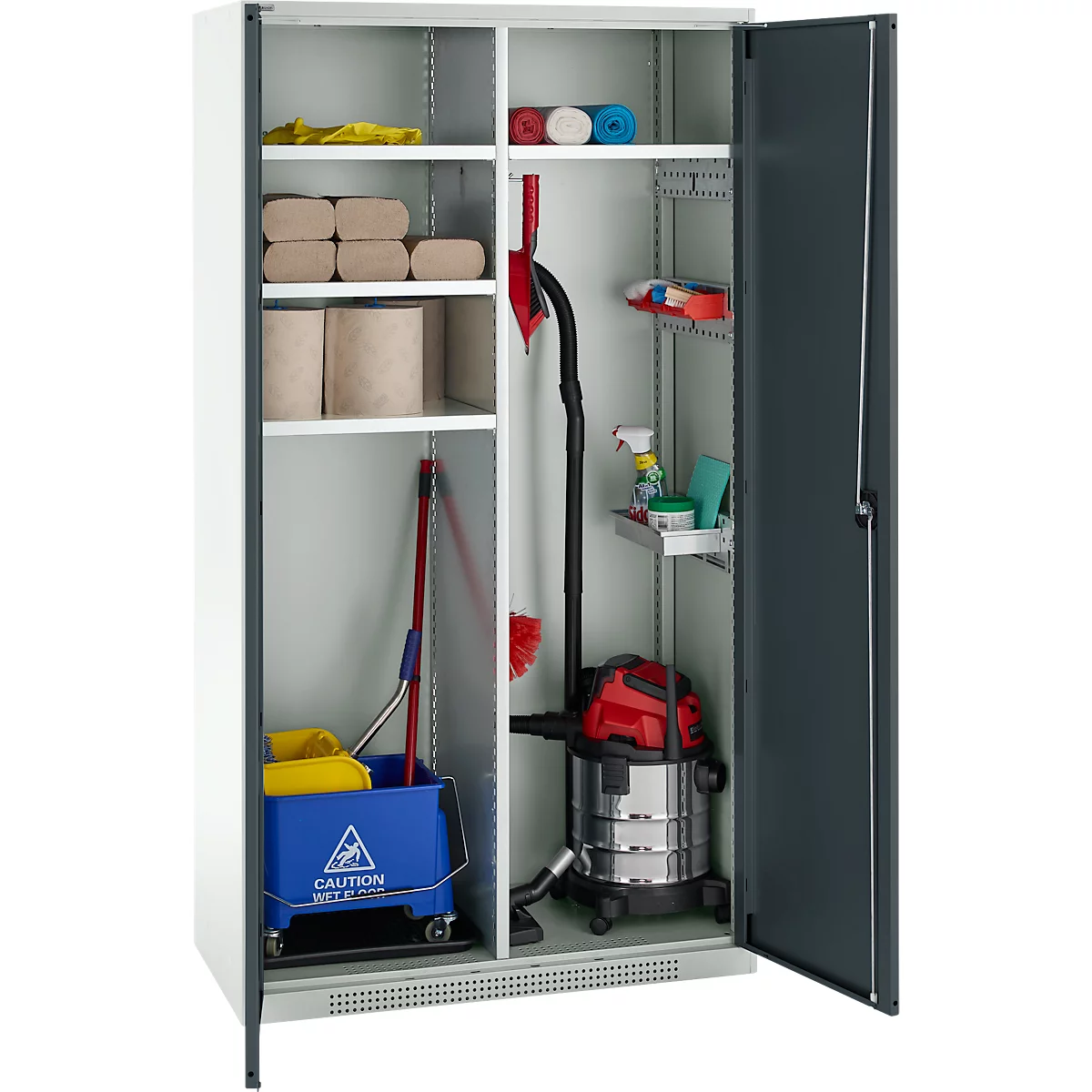 Schäfer Shop Genius Mehrzweckschrank FS, modular, indivuduell erweiterbar, Mittelwand, 4 Fachböden, bis 450 kg, B 1055 x T 520 x H 1950 mm, lichtgrau/anthrazitgrau