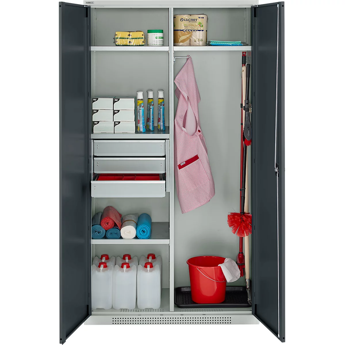 Schäfer Shop Genius Mehrzweckschrank FS, modular, indivuduell erweiterbar, Mittelwand, 4 Fachböden, bis 450 kg, B 1055 x T 520 x H 1950 mm, lichtgrau/anthrazitgrau