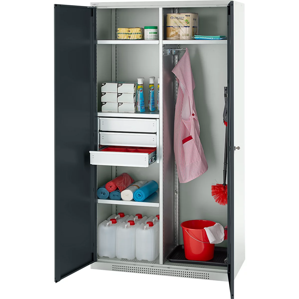 Schäfer Shop Genius Mehrzweckschrank FS, modular, indivuduell erweiterbar, Mittelwand, 4 Fachböden, bis 450 kg, B 1055 x T 520 x H 1950 mm, lichtgrau/anthrazitgrau