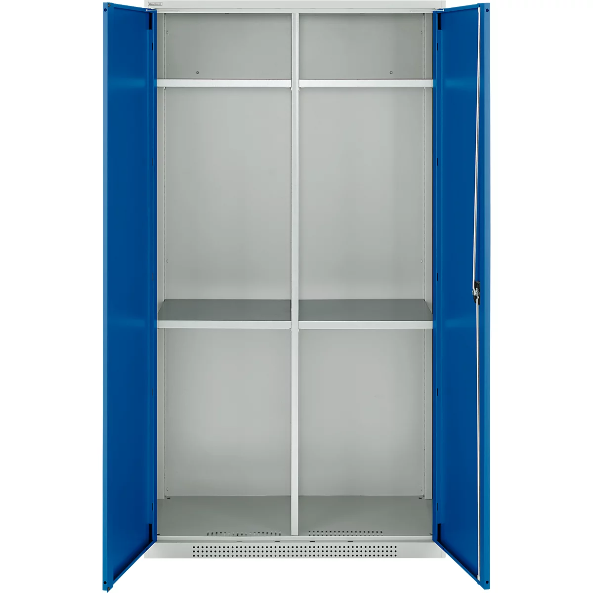 Schäfer Shop Genius Mehrzweckschrank FS, modular, indivuduell erweiterbar, Mittelwand, 4 Fachböden, bis 450 kg, B 1055 x T 520 x H 1950 mm, lichtgrau/enzianblau