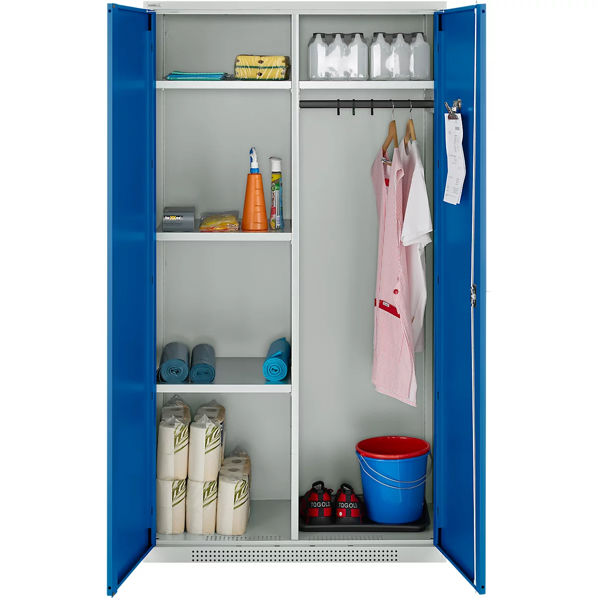 Schäfer Shop Genius Mehrzweckschrank FS, modular, indivuduell erweiterbar, Mittelwand, 4 Fachböden, bis 450 kg, B 1055 x T 520 x H 1950 mm, lichtgrau/enzianblau
