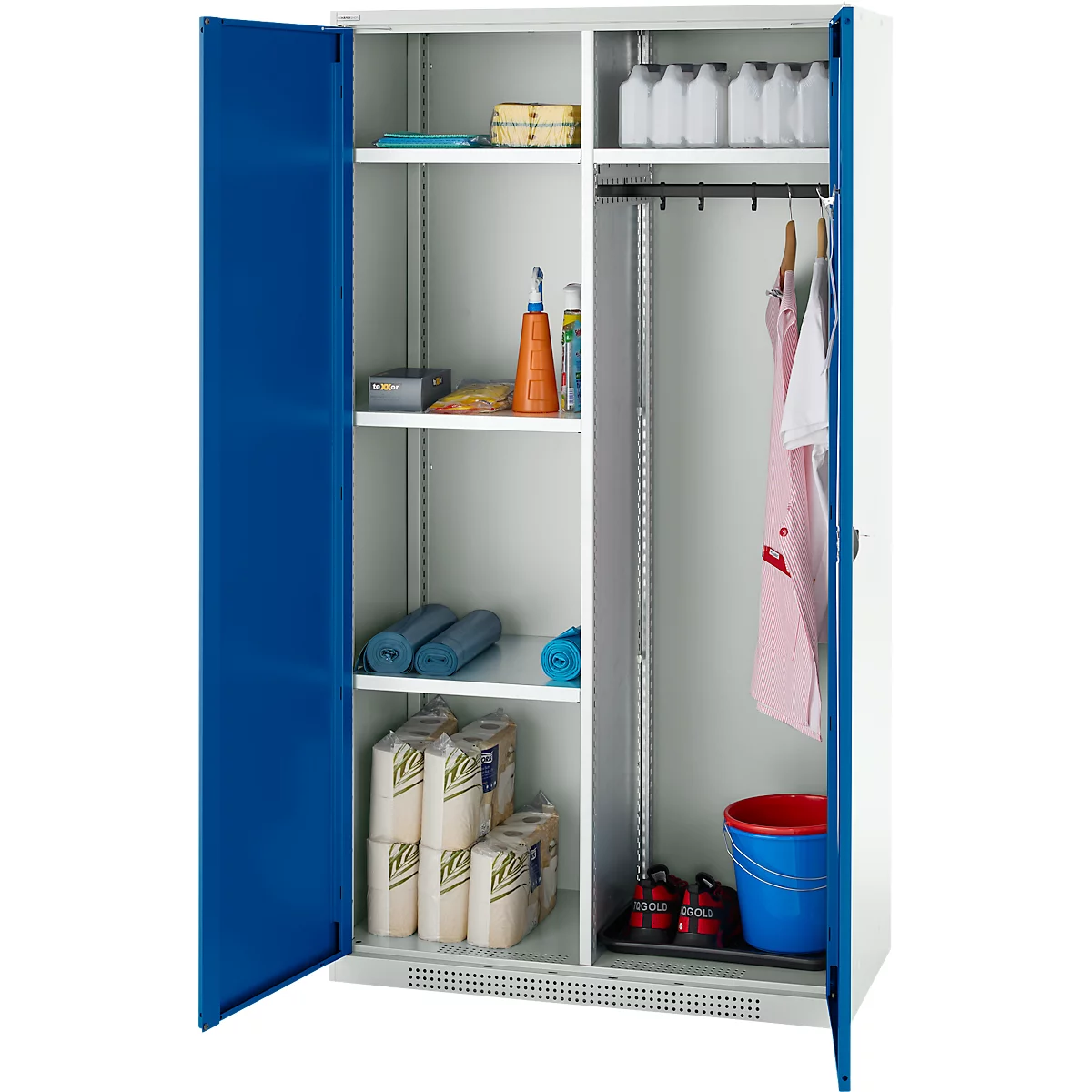 Schäfer Shop Genius Mehrzweckschrank FS, modular, indivuduell erweiterbar, Mittelwand, 4 Fachböden, bis 450 kg, B 1055 x T 520 x H 1950 mm, lichtgrau/enzianblau