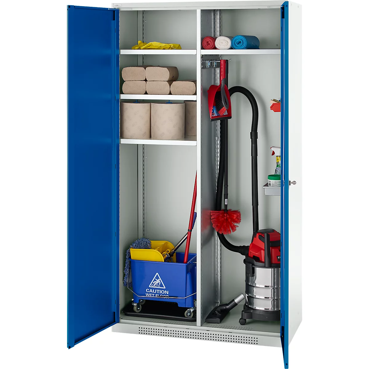 Schäfer Shop Genius Mehrzweckschrank FS, modular, indivuduell erweiterbar, Mittelwand, 4 Fachböden, bis 450 kg, B 1055 x T 520 x H 1950 mm, lichtgrau/enzianblau