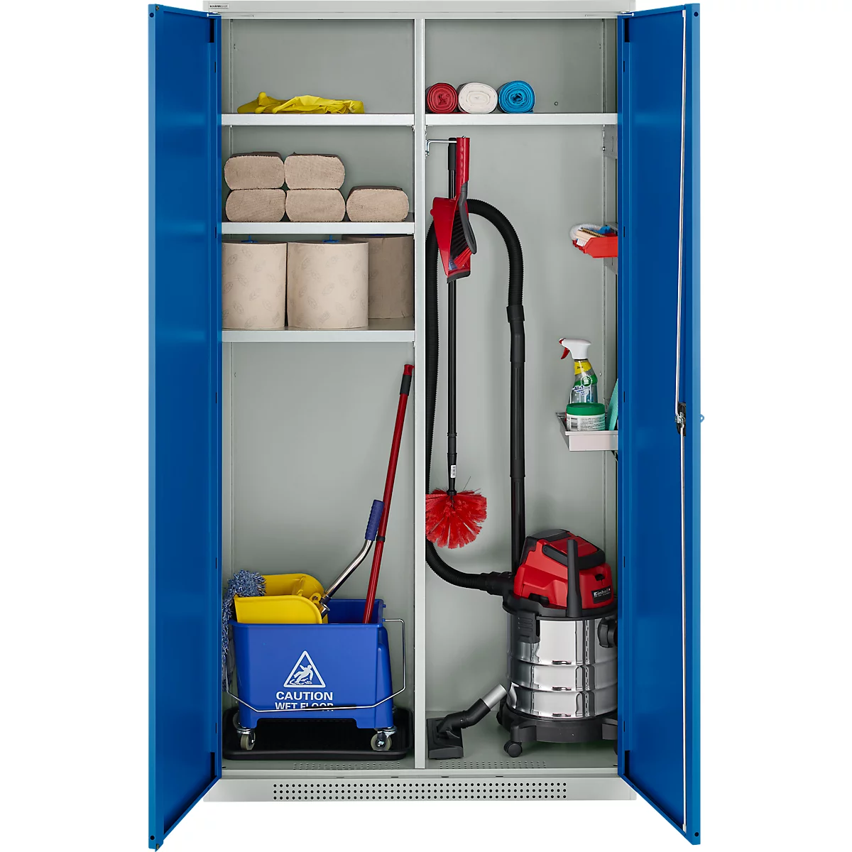 Schäfer Shop Genius Mehrzweckschrank FS, modular, indivuduell erweiterbar, Mittelwand, 4 Fachböden, bis 450 kg, B 1055 x T 520 x H 1950 mm, lichtgrau/enzianblau