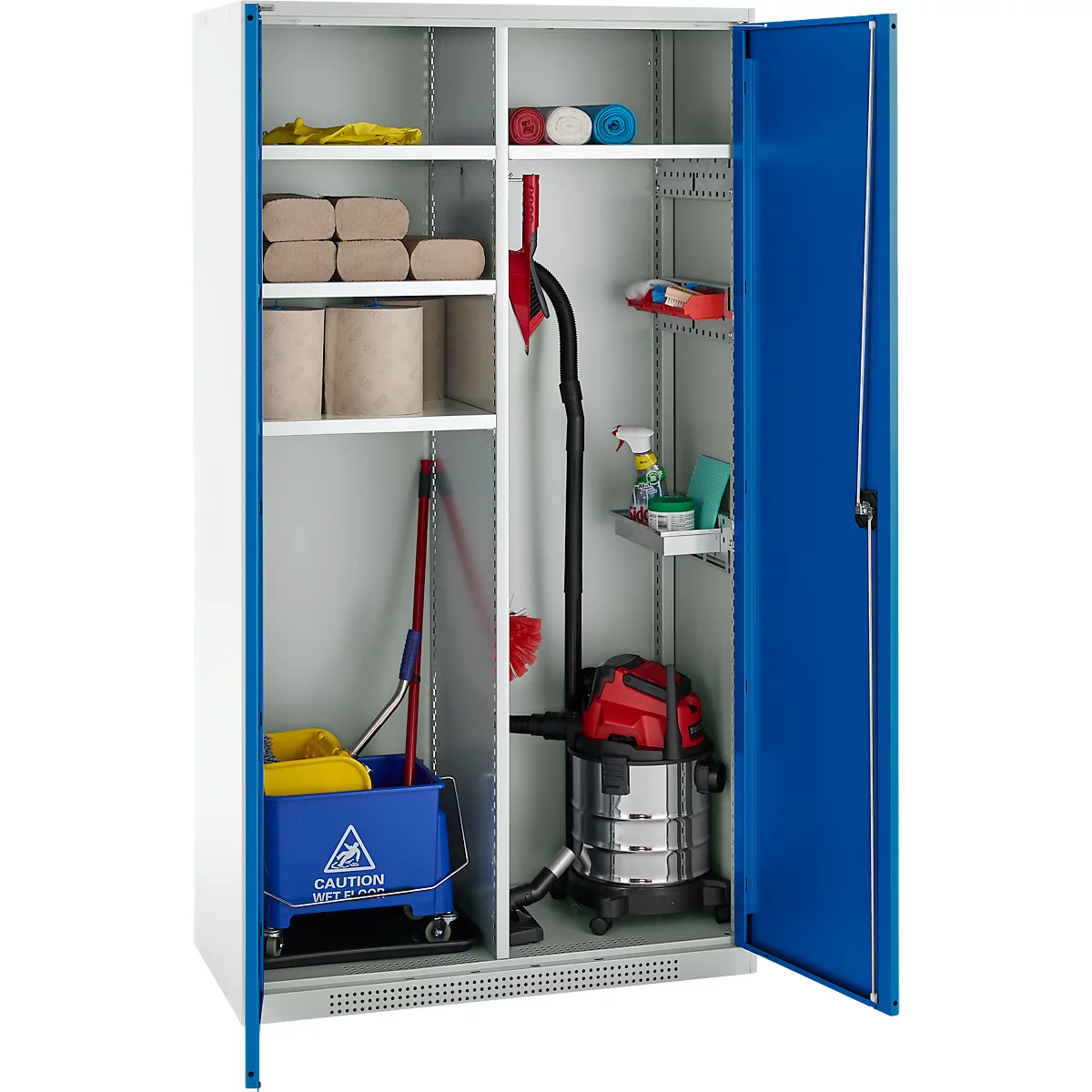 Schäfer Shop Genius Mehrzweckschrank FS, modular, indivuduell erweiterbar, Mittelwand, 4 Fachböden, bis 450 kg, B 1055 x T 520 x H 1950 mm, lichtgrau/enzianblau