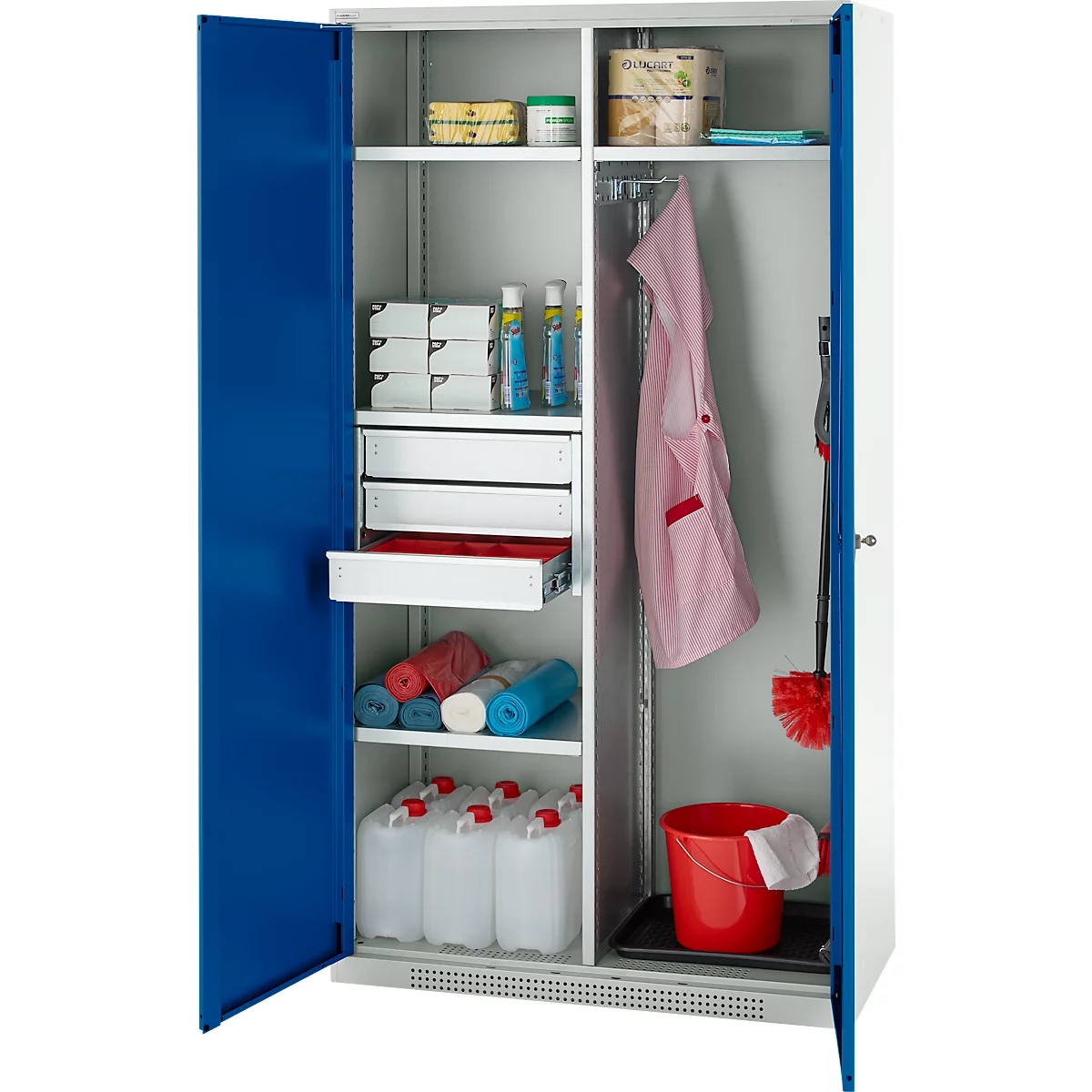 Schäfer Shop Genius Mehrzweckschrank FS, modular, indivuduell erweiterbar, Mittelwand, 4 Fachböden, bis 450 kg, B 1055 x T 520 x H 1950 mm, lichtgrau/enzianblau