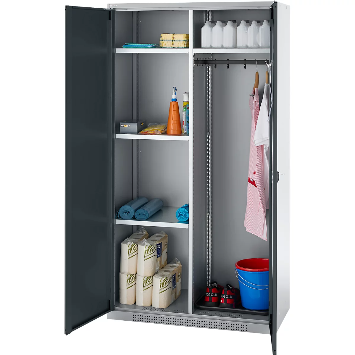 Schäfer Shop Genius Mehrzweckschrank FS, modular, indivuduell erweiterbar, Mittelwand, 4 Fachböden, bis 450 kg, B 1055 x T 520 x H 1950 mm, weißalu/anthrazitgrau