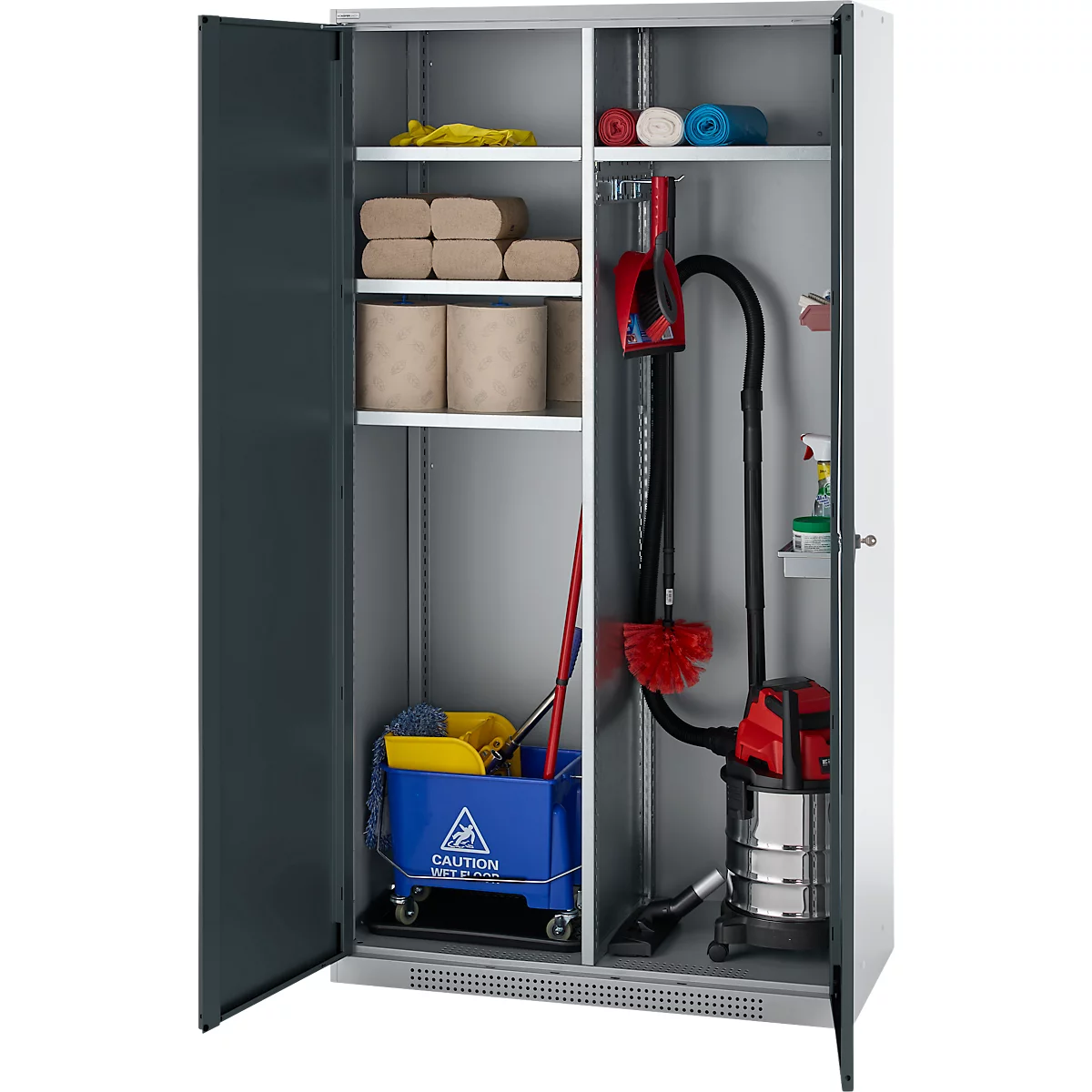 Schäfer Shop Genius Mehrzweckschrank FS, modular, indivuduell erweiterbar, Mittelwand, 4 Fachböden, bis 450 kg, B 1055 x T 520 x H 1950 mm, weißalu/anthrazitgrau