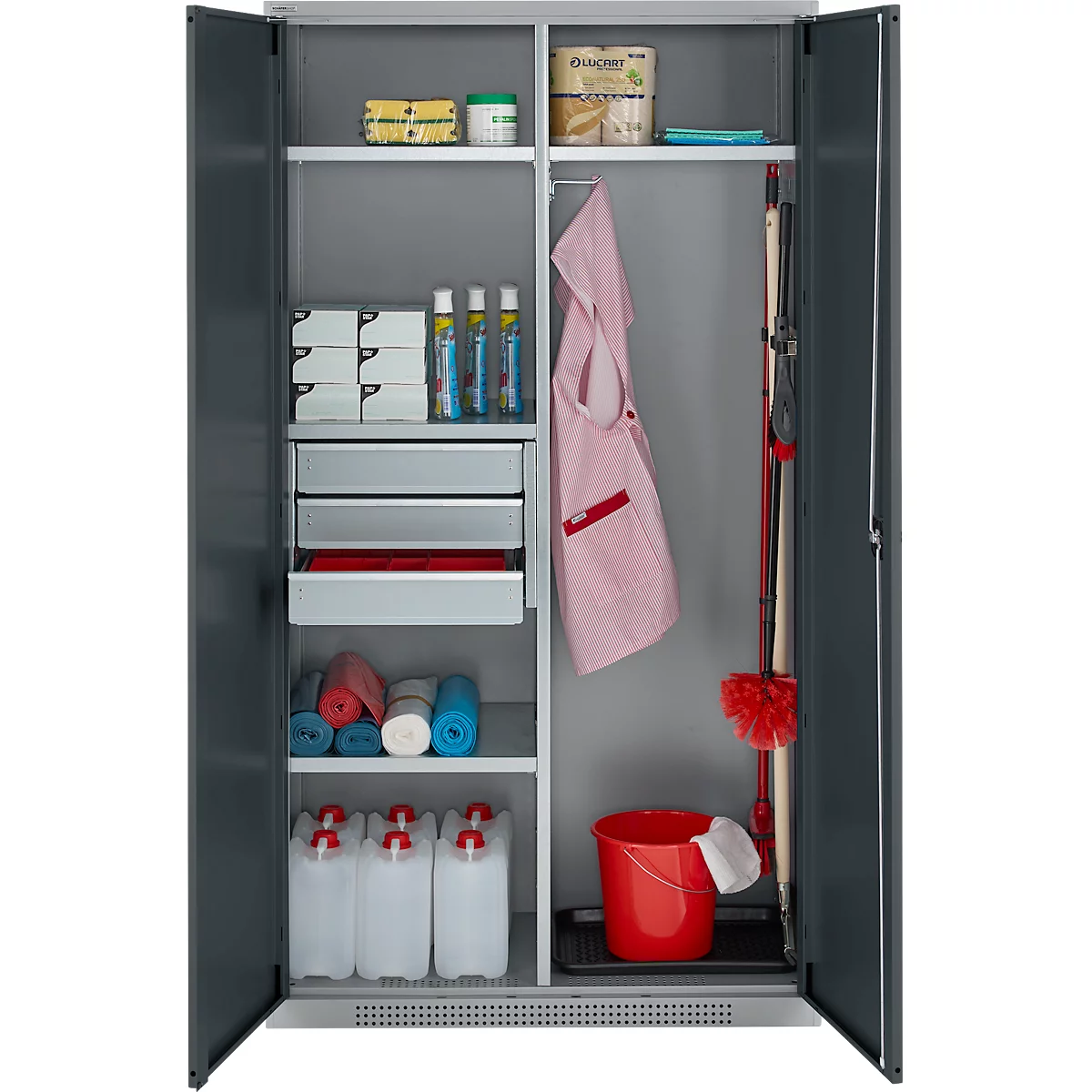Schäfer Shop Genius Mehrzweckschrank FS, modular, indivuduell erweiterbar, Mittelwand, 4 Fachböden, bis 450 kg, B 1055 x T 520 x H 1950 mm, weißalu/anthrazitgrau