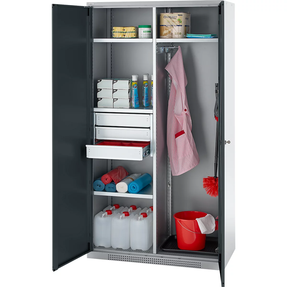 Schäfer Shop Genius Mehrzweckschrank FS, modular, indivuduell erweiterbar, Mittelwand, 4 Fachböden, bis 450 kg, B 1055 x T 520 x H 1950 mm, weißalu/anthrazitgrau
