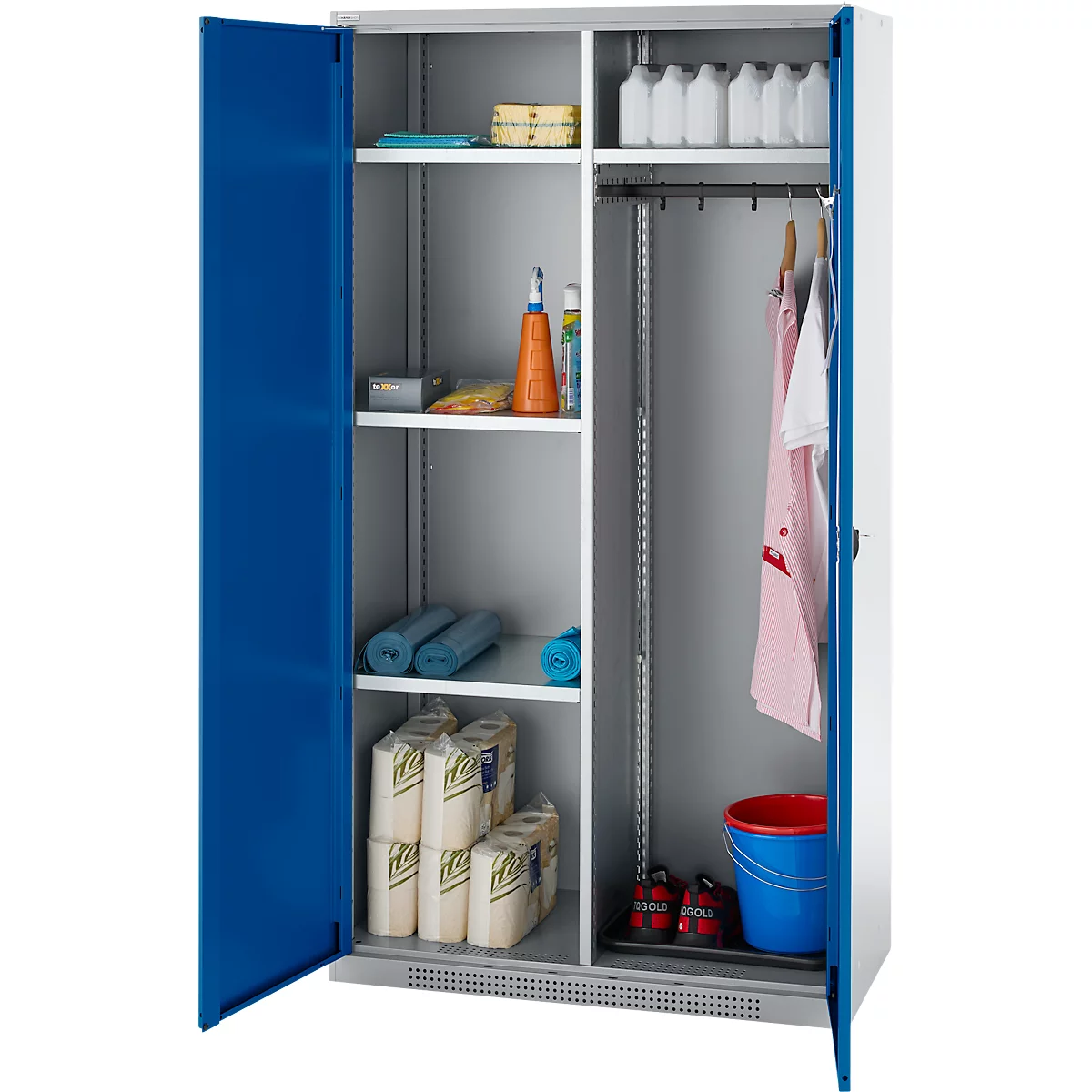 Schäfer Shop Genius Mehrzweckschrank FS, modular, indivuduell erweiterbar, Mittelwand, 4 Fachböden, bis 450 kg, B 1055 x T 520 x H 1950 mm, weißalu/enzianblau