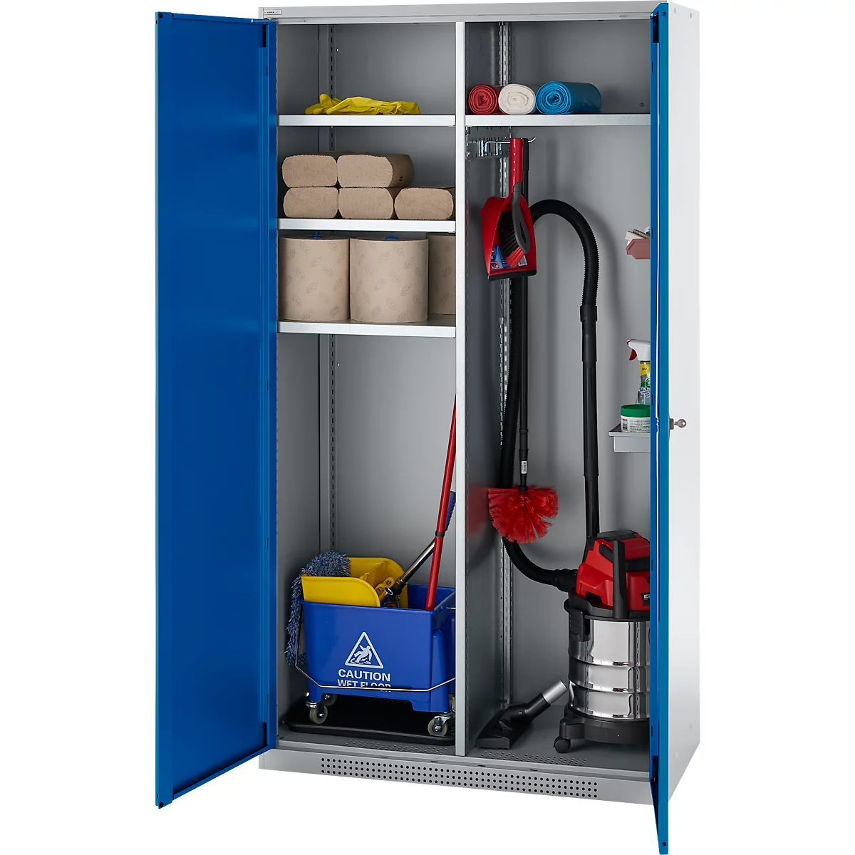 Schäfer Shop Genius Mehrzweckschrank FS, modular, indivuduell erweiterbar, Mittelwand, 4 Fachböden, bis 450 kg, B 1055 x T 520 x H 1950 mm, weißalu/enzianblau