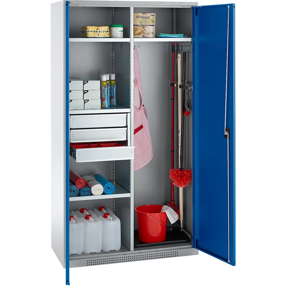 Schäfer Shop Genius Mehrzweckschrank FS, modular, indivuduell erweiterbar, Mittelwand, 4 Fachböden, bis 450 kg, B 1055 x T 520 x H 1950 mm, weißalu/enzianblau