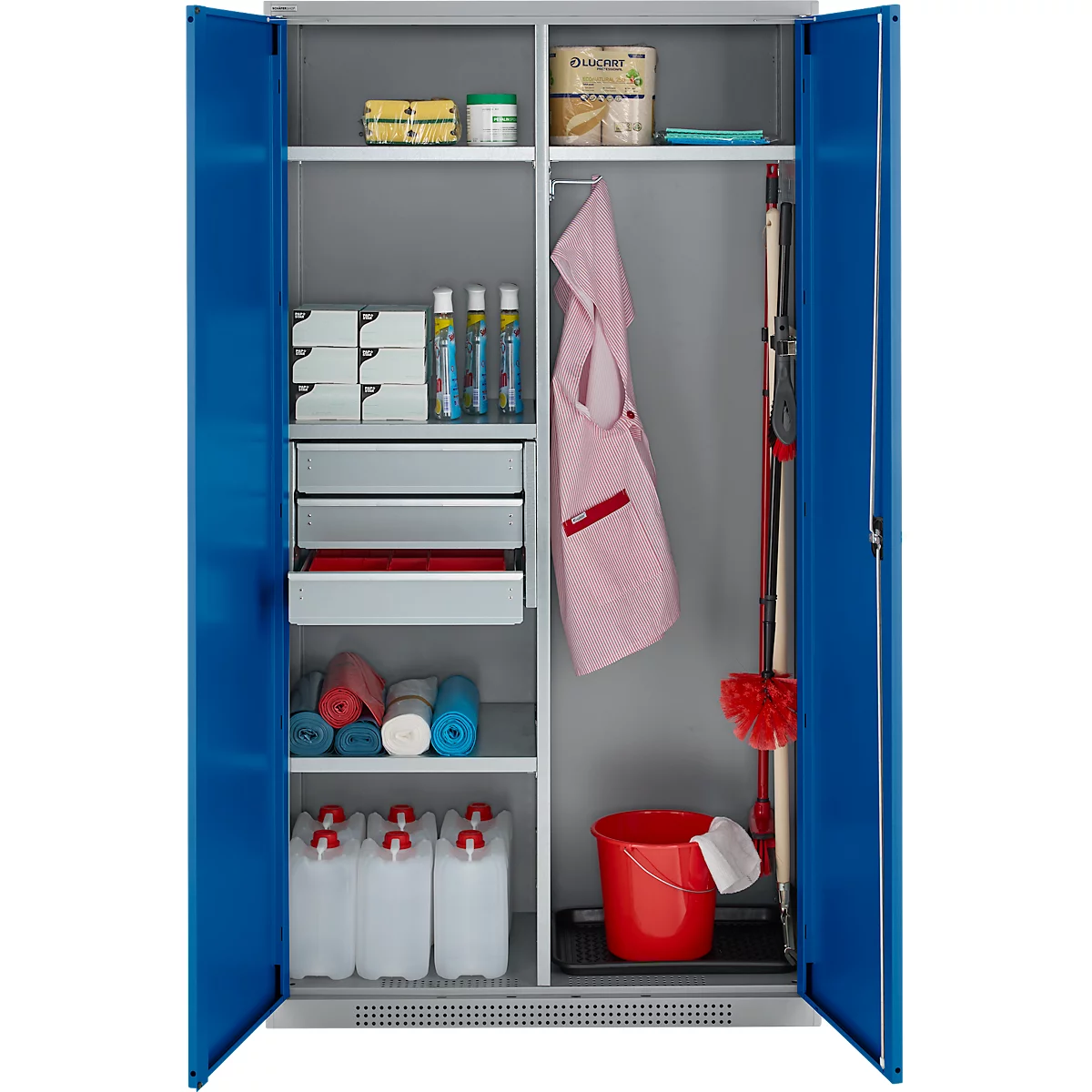Schäfer Shop Genius Mehrzweckschrank FS, modular, indivuduell erweiterbar, Mittelwand, 4 Fachböden, bis 450 kg, B 1055 x T 520 x H 1950 mm, weißalu/enzianblau