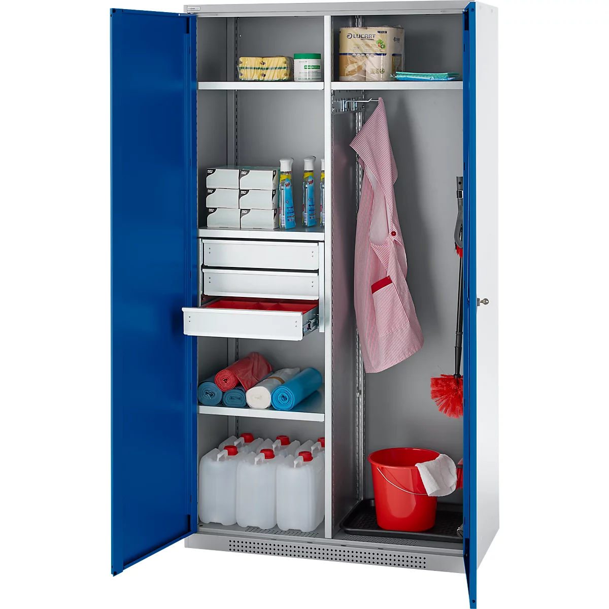 Schäfer Shop Genius Mehrzweckschrank FS, modular, indivuduell erweiterbar, Mittelwand, 4 Fachböden, bis 450 kg, B 1055 x T 520 x H 1950 mm, weißalu/enzianblau