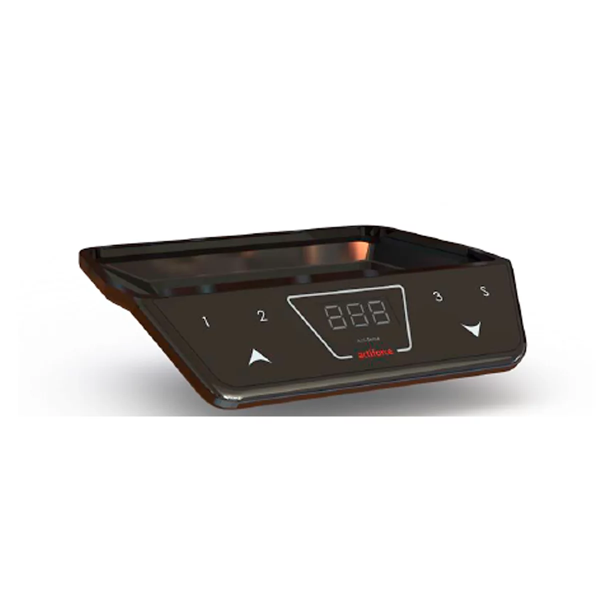 Black control panel with digital display, arrow keys and the numbers 1, 2, 3 and 5.