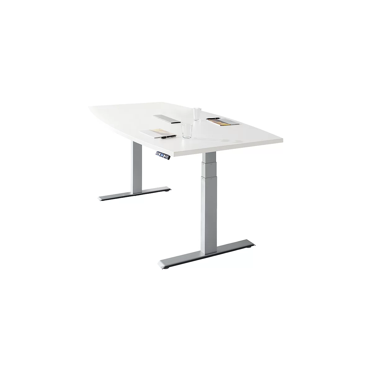 Schäfer Shop Genius Mesa de conferencias MODENA FLEX, conexión de 6 vías, regulable eléctricamente en altura, barco, pie en T, ancho 2000 x alto 645-1290 mm, aluminio blanco/blanco 