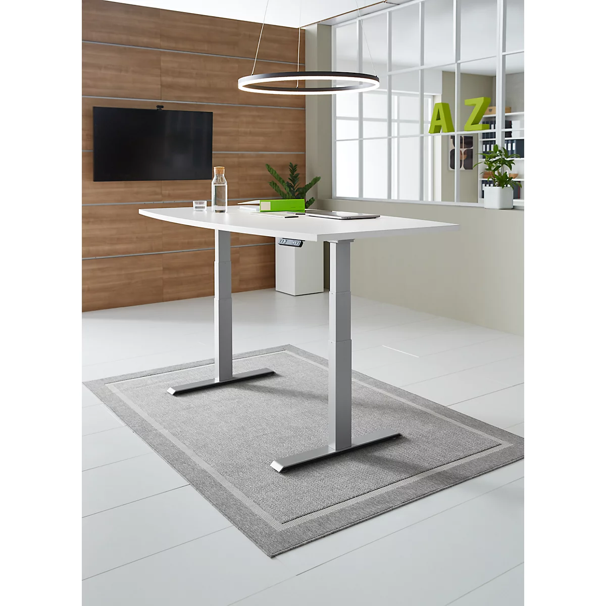 Schäfer Shop Genius Mesa de conferencias MODENA FLEX, conexión de 6 vías, regulable eléctricamente en altura, barco, pie en T, ancho 2000 x alto 645-1290 mm, aluminio blanco/blanco 