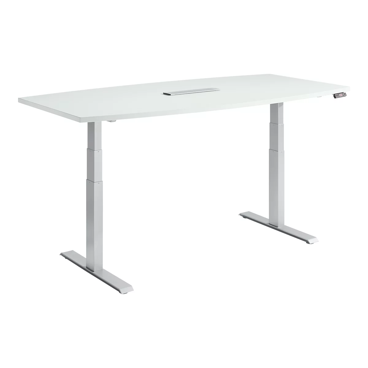 Schäfer Shop Genius Mesa de conferencias MODENA FLEX, conexión de 6 vías, regulable eléctricamente en altura, barco, pie en T, ancho 2000 x alto 645-1290 mm, aluminio gris claro/blanco + panel de memoria