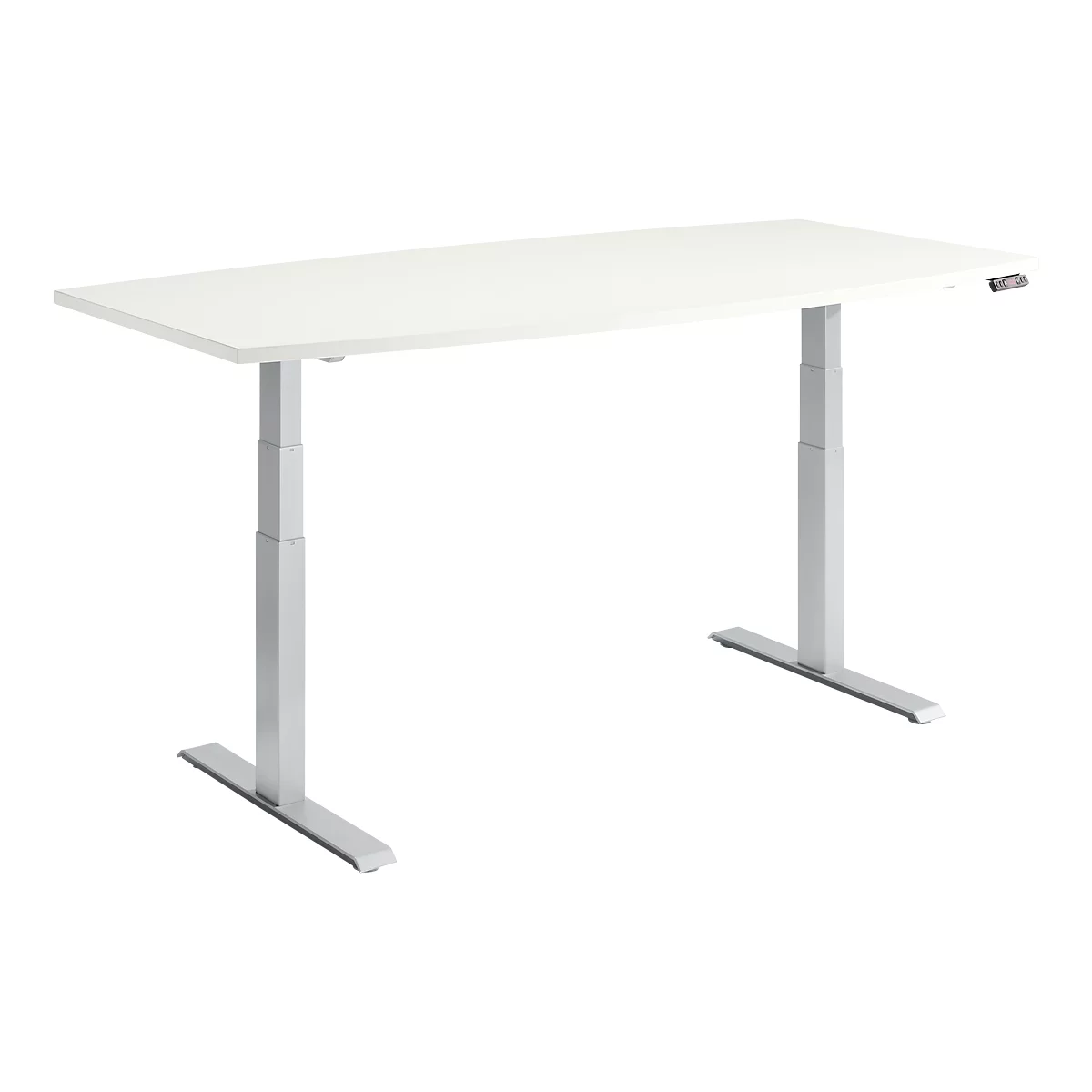 Schäfer Shop Genius Mesa de conferencias MODENA FLEX, regulable en altura eléctricamente, barco, pie en T, ancho 2000 x alto 645-1290 mm, aluminio blanco/blanco + panel de memoria