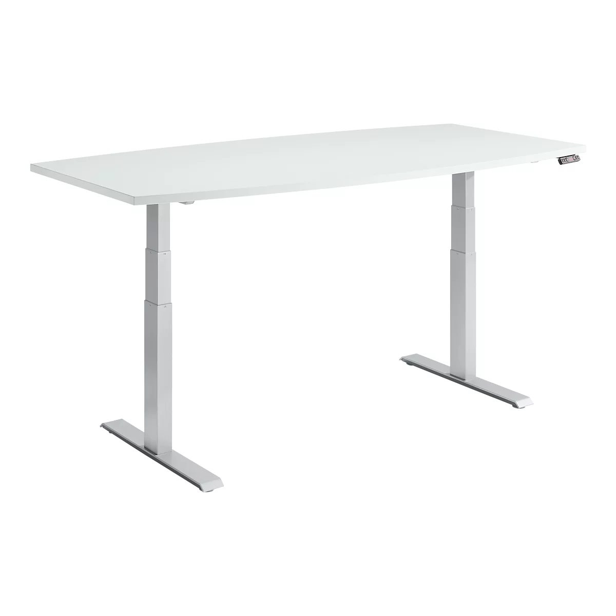 Schäfer Shop Genius Mesa de conferencias MODENA FLEX, regulable en altura eléctricamente, barco, pie en T, ancho 2000 x alto 645-1290 mm, aluminio gris claro/blanco + panel de memoria