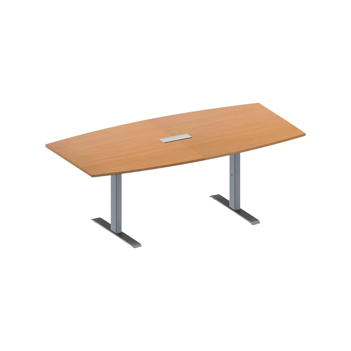 Schäfer Shop Genius Mesa de reuniones MODENA FLEX, ajustable en altura, cuadro de conexión de 3 tomas, forma de barca, pata en T de tubo rectangular, An 2000 x P 1000/800 mm, acabado en haya