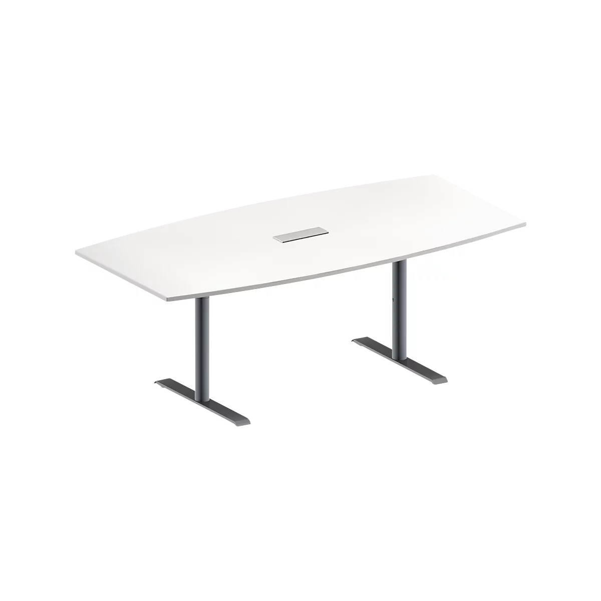 Schäfer Shop Genius Mesa de reuniones MODENA FLEX, ajustable en altura, cuadro de conexión de 3 tomas, forma de barca, pata en T de tubo redondo, An 2000 x P 1000/800 mm, blanco