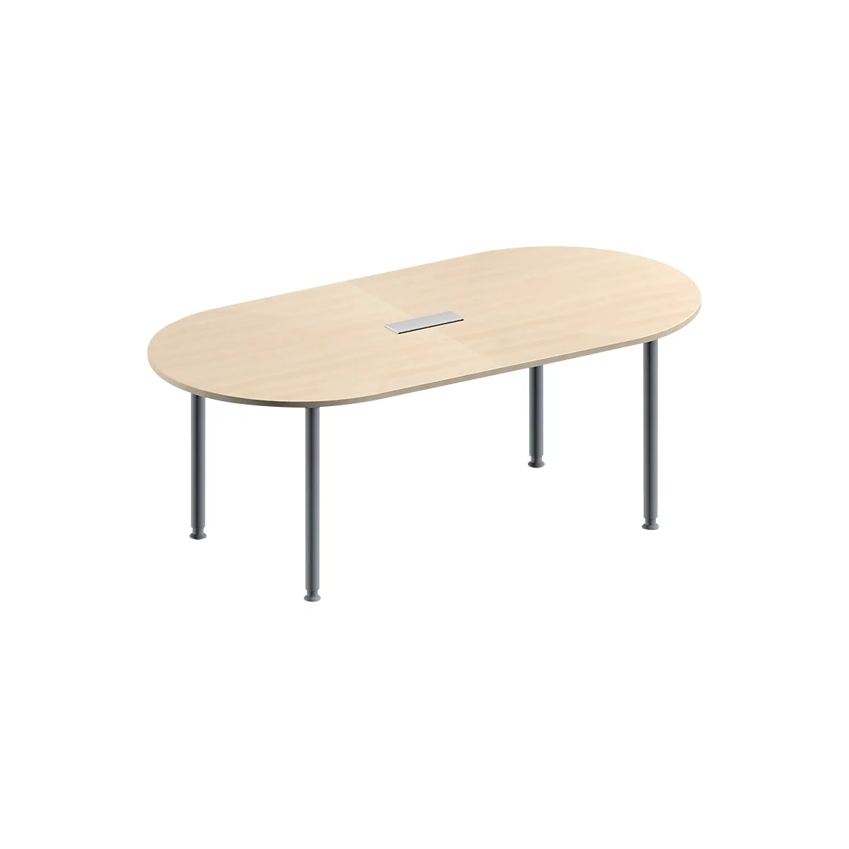 Schäfer Shop Genius Mesa de reuniones MODENA FLEX, ajustable en altura, cuadro de conexión de 3 tomas, forma ovalada, 4 patas de tubo redondo, 2000 x 1000 mm, acabado en arce