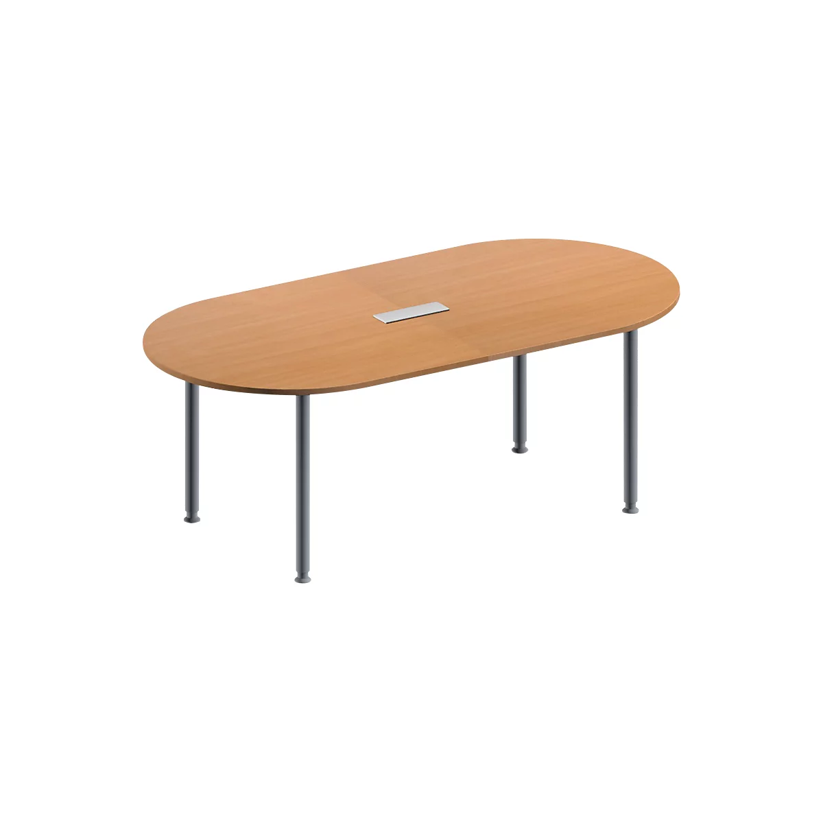 Schäfer Shop Genius Mesa de reuniones MODENA FLEX, ajustable en altura, cuadro de conexión de 3 tomas, forma ovalada, 4 patas de tubo redondo, 2000 x 1000 mm, acabado en haya