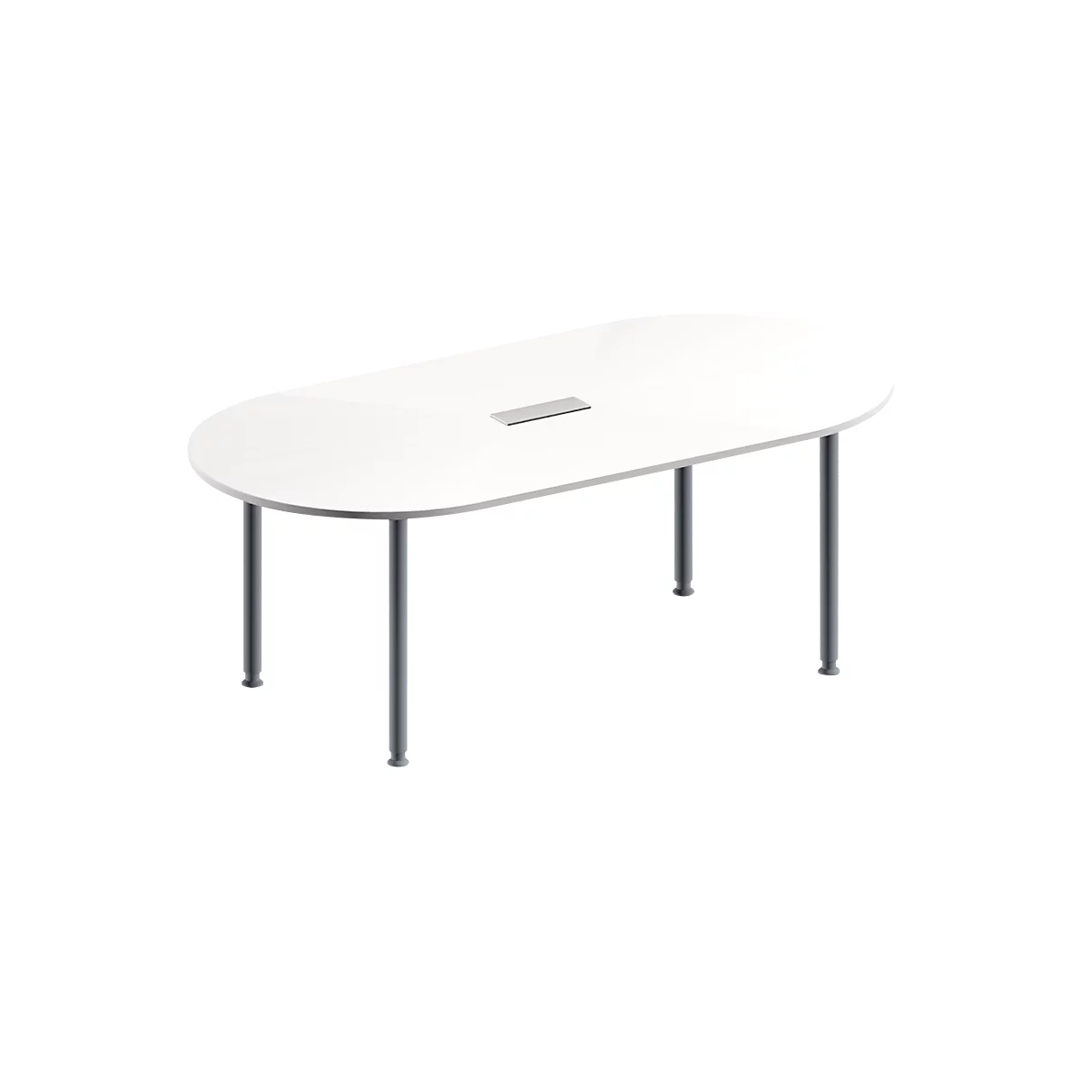 Schäfer Shop Genius Mesa de reuniones MODENA FLEX, ajustable en altura, cuadro de conexión de 3 tomas, forma ovalada, 4 patas de tubo redondo, 2000 x 1000 mm, blanco