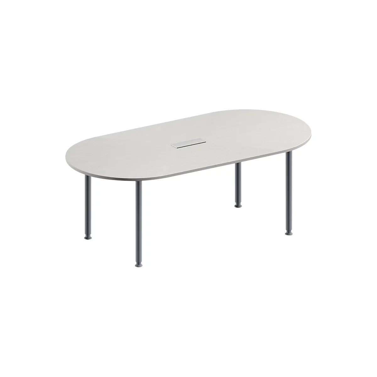 Schäfer Shop Genius Mesa de reuniones MODENA FLEX, ajustable en altura, cuadro de conexión de 3 tomas, forma ovalada, 4 patas de tubo redondo, 2000 x 1000 mm, gris luminoso