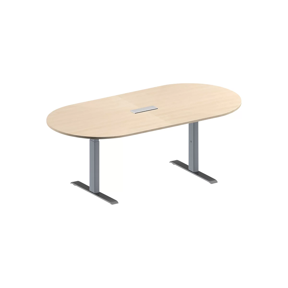 Schäfer Shop Genius Mesa de reuniones MODENA FLEX, ajustable en altura, cuadro de conexión de 3 tomas, forma ovalada, pata en T de tubo rectangular, An 2000 x P 1000 mm, acabado en arce