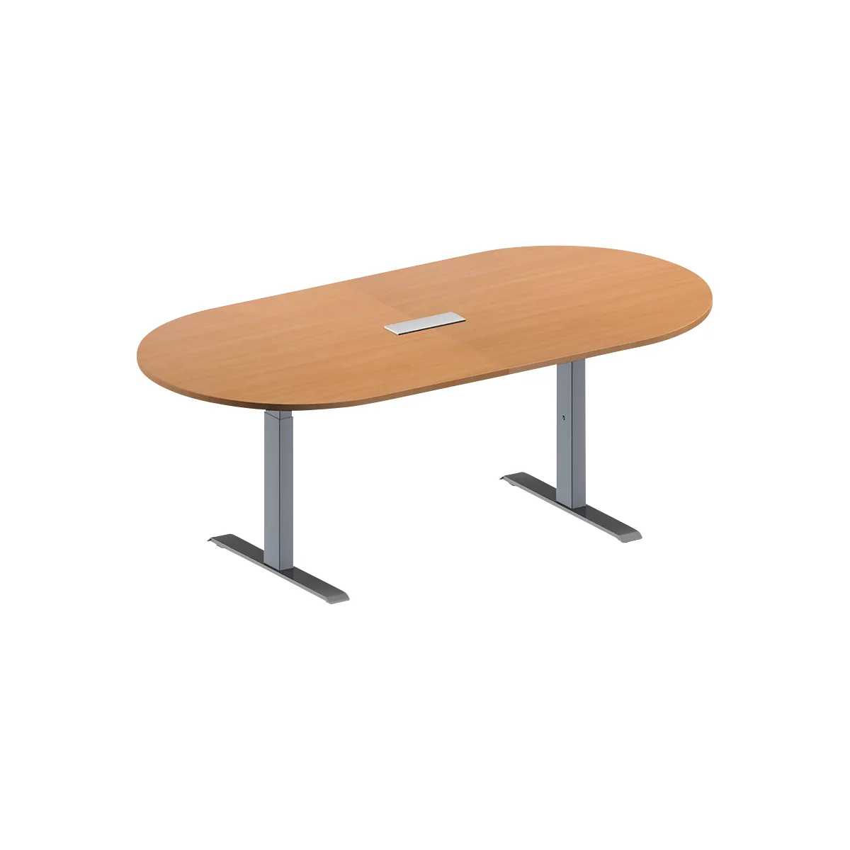 Schäfer Shop Genius Mesa de reuniones MODENA FLEX, ajustable en altura, cuadro de conexión de 3 tomas, forma ovalada, pata en T de tubo rectangular, An 2000 x P 1000 mm, acabado en haya