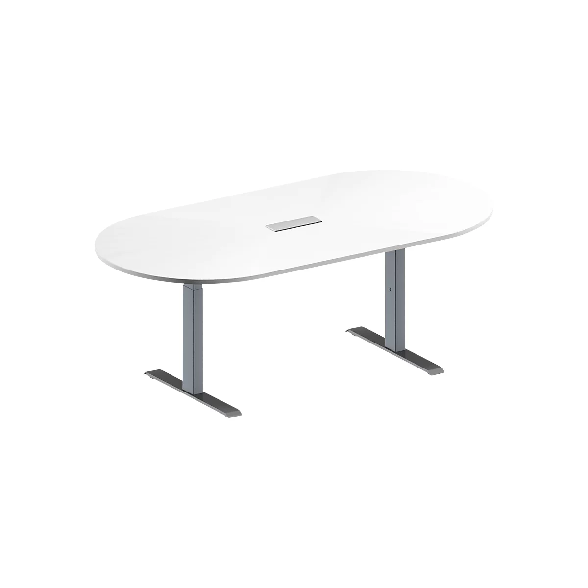 Schäfer Shop Genius Mesa de reuniones MODENA FLEX, ajustable en altura, cuadro de conexión de 3 tomas, forma ovalada, pata en T de tubo rectangular, An 2000 x P 1000 mm, blanco