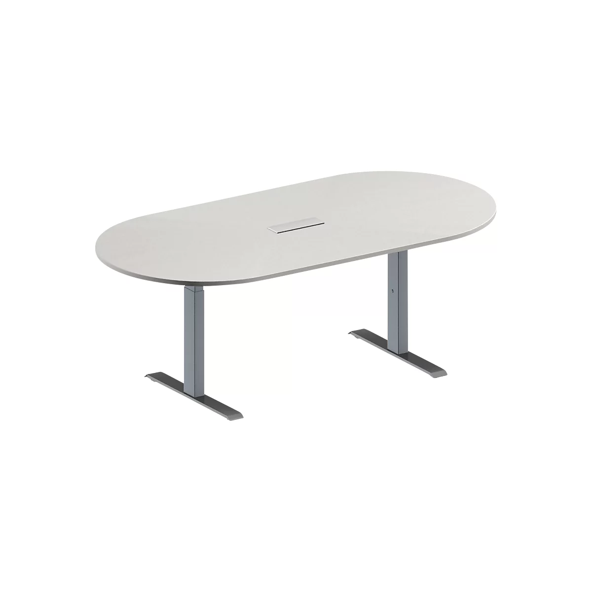 Schäfer Shop Genius Mesa de reuniones MODENA FLEX, ajustable en altura, cuadro de conexión de 3 tomas, forma ovalada, pata en T de tubo rectangular, An 2000 x P 1000 mm, gris luminoso