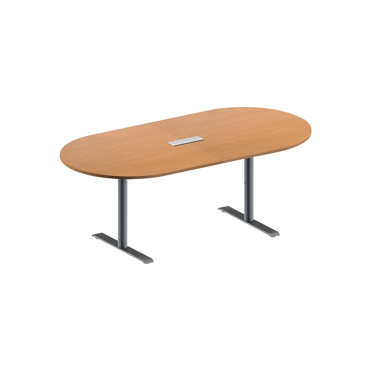 Schäfer Shop Genius Mesa de reuniones MODENA FLEX, ajustable en altura, cuadro de conexión de 3 tomas, forma ovalada, pata en T de tubo redondo, An 2000 x P 1000 mm, acabado en haya