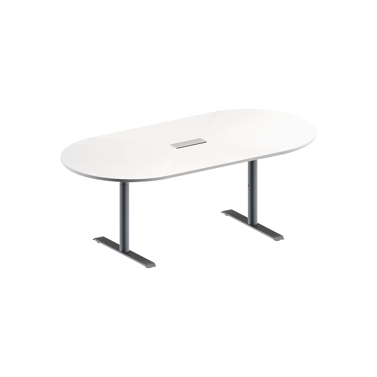 Schäfer Shop Genius Mesa de reuniones MODENA FLEX, ajustable en altura, cuadro de conexión de 3 tomas, forma ovalada, pata en T de tubo redondo, An 2000 x P 1000 mm, blanco