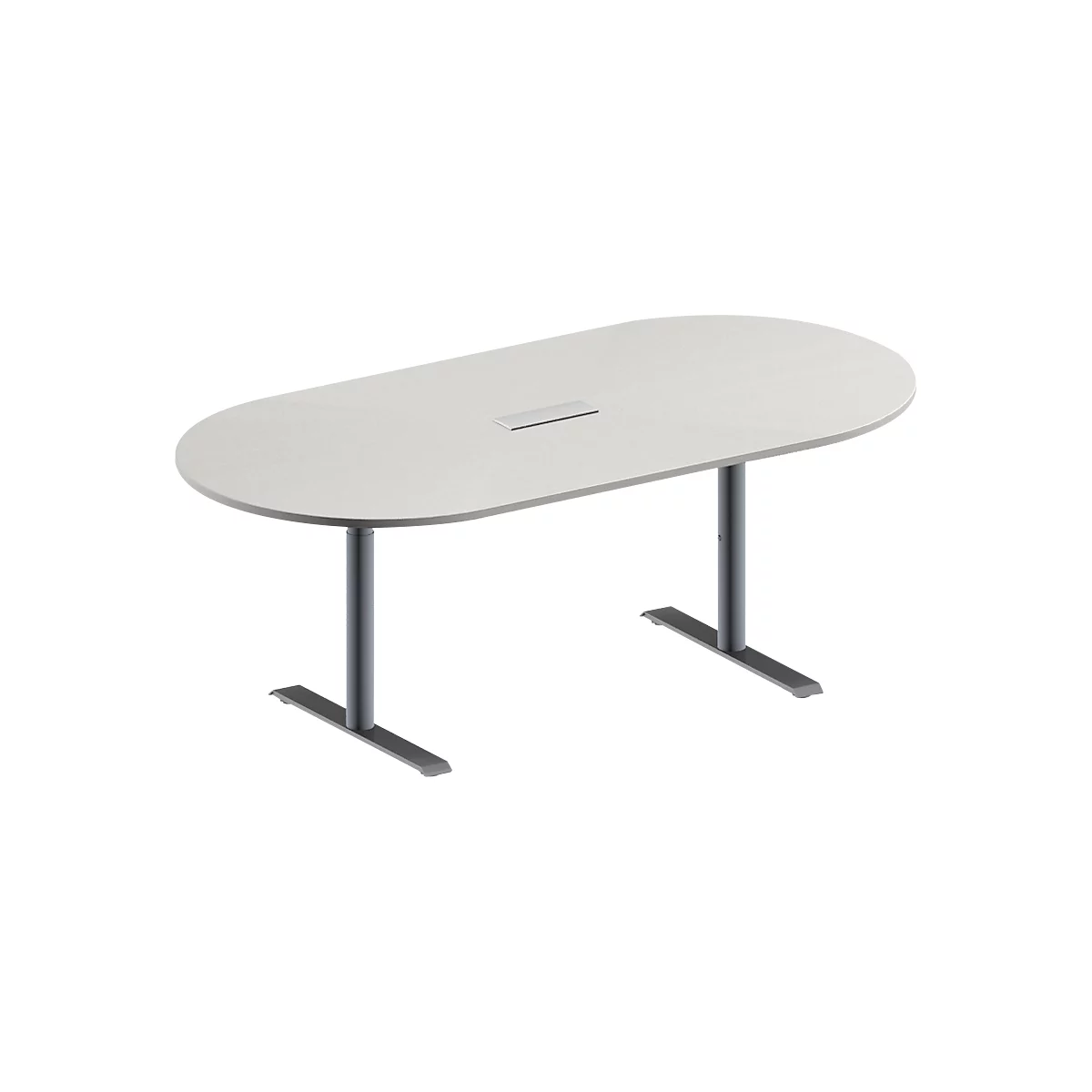 Schäfer Shop Genius Mesa de reuniones MODENA FLEX, ajustable en altura, cuadro de conexión de 3 tomas, forma ovalada, pata en T de tubo redondo, An 2000 x P 1000 mm, gris luminoso