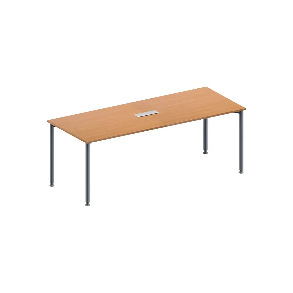 Schäfer Shop Genius Mesa de reuniones MODENA FLEX, ajustable en altura, cuadro de conexión de 3 tomas, forma rectangular, 4 patas de tubo redondo, An 2000 x P 800 mm, acabado en haya