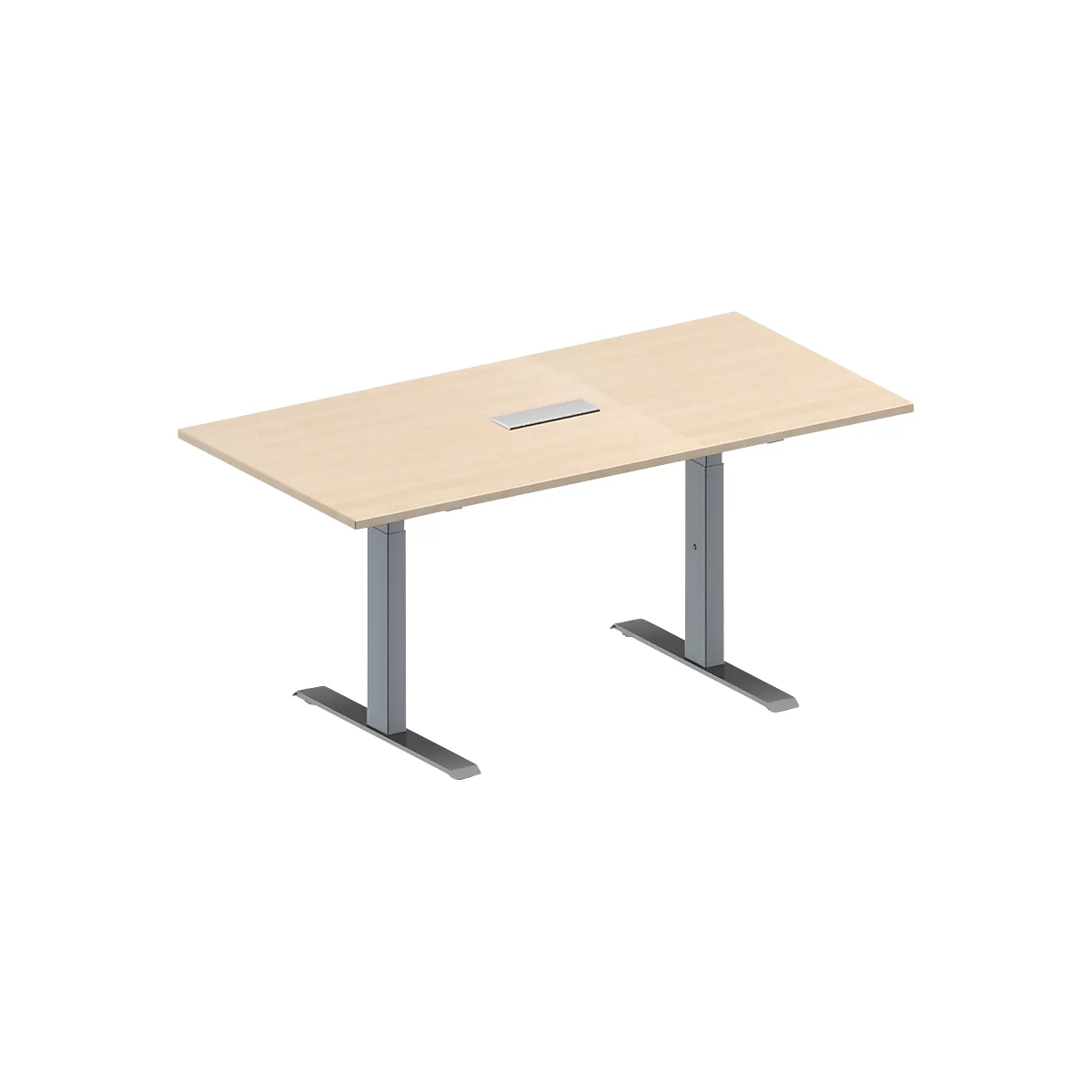 Schäfer Shop Genius Mesa de reuniones MODENA FLEX, ajustable en altura, cuadro de conexión de 3 tomas, forma rectangular, pata en T de tubo rectangular, An 1600 x P 800 mm, acabado en arce