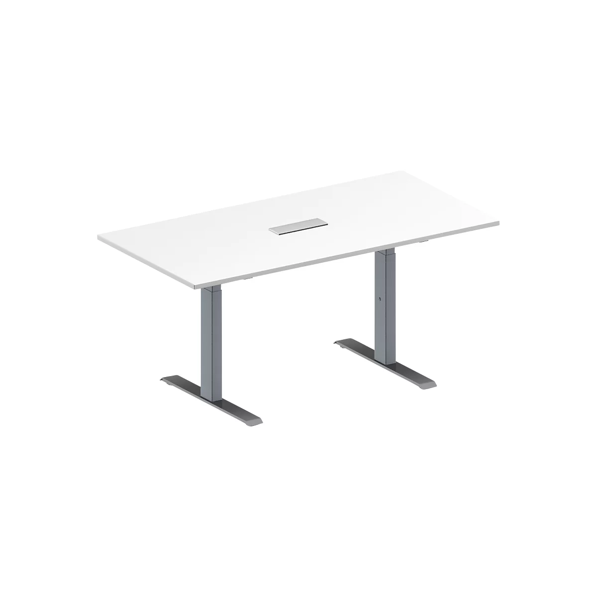 Schäfer Shop Genius Mesa de reuniones MODENA FLEX, ajustable en altura, cuadro de conexión de 3 tomas, forma rectangular, pata en T de tubo rectangular, An 1600 x P 800 mm, blanco