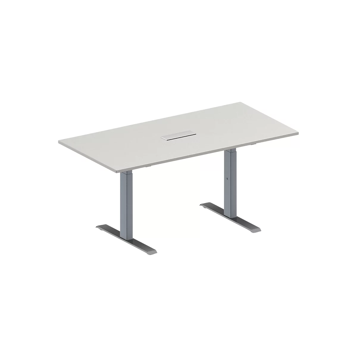 Schäfer Shop Genius Mesa de reuniones MODENA FLEX, ajustable en altura, cuadro de conexión de 3 tomas, forma rectangular, pata en T de tubo rectangular, An 1600 x P 800 mm, gris luminoso