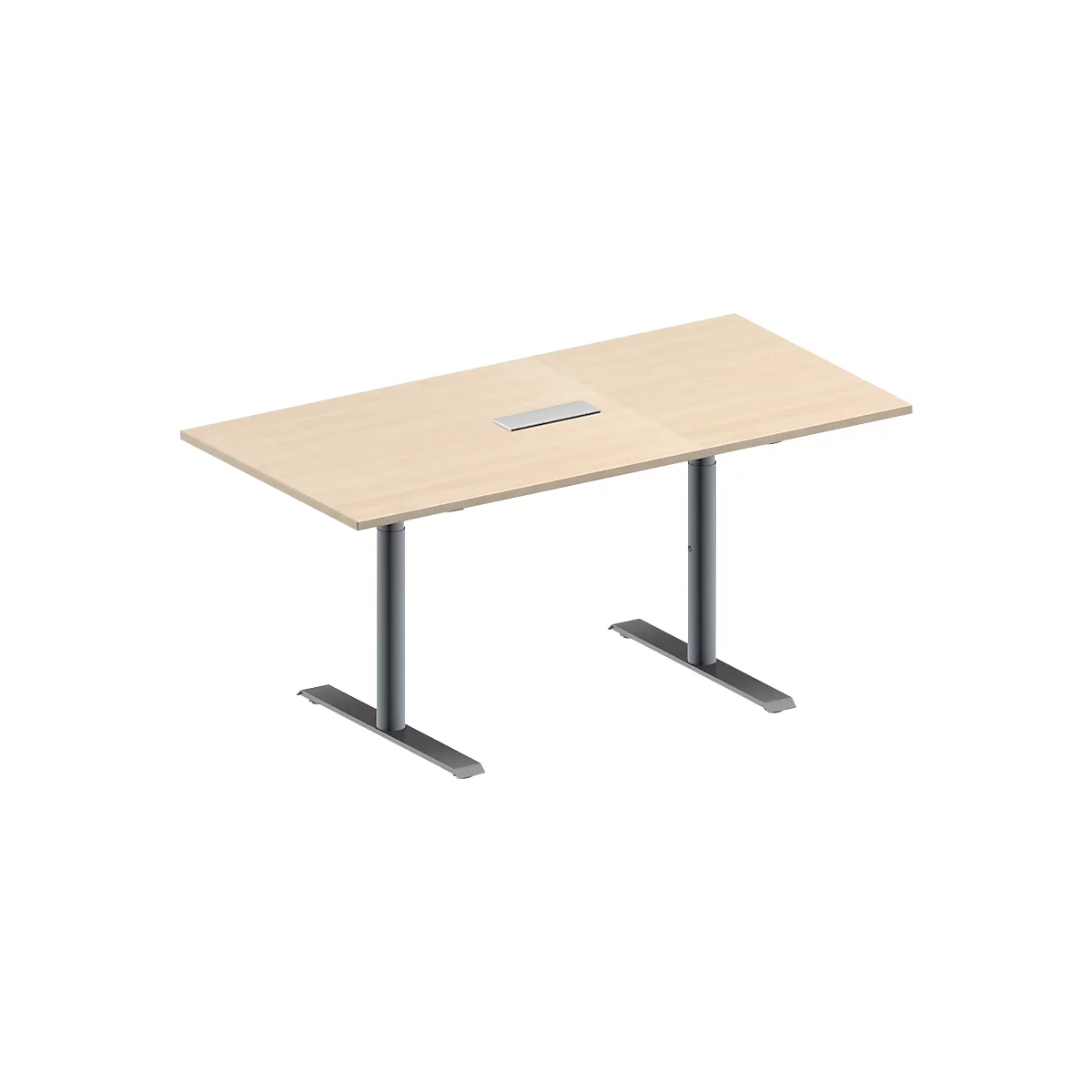 Schäfer Shop Genius Mesa de reuniones MODENA FLEX, ajustable en altura, cuadro de conexión de 3 tomas, forma rectangular, pata en T tubo redondo, An 1600 x P 800 mm, acabado en arce