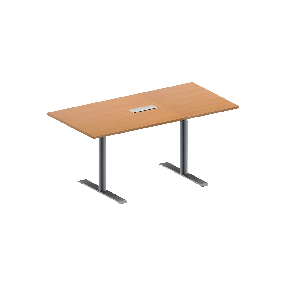 Schäfer Shop Genius Mesa de reuniones MODENA FLEX, ajustable en altura, cuadro de conexión de 3 tomas, forma rectangular, pata en T tubo redondo, An 1600 x P 800 mm, acabado en haya