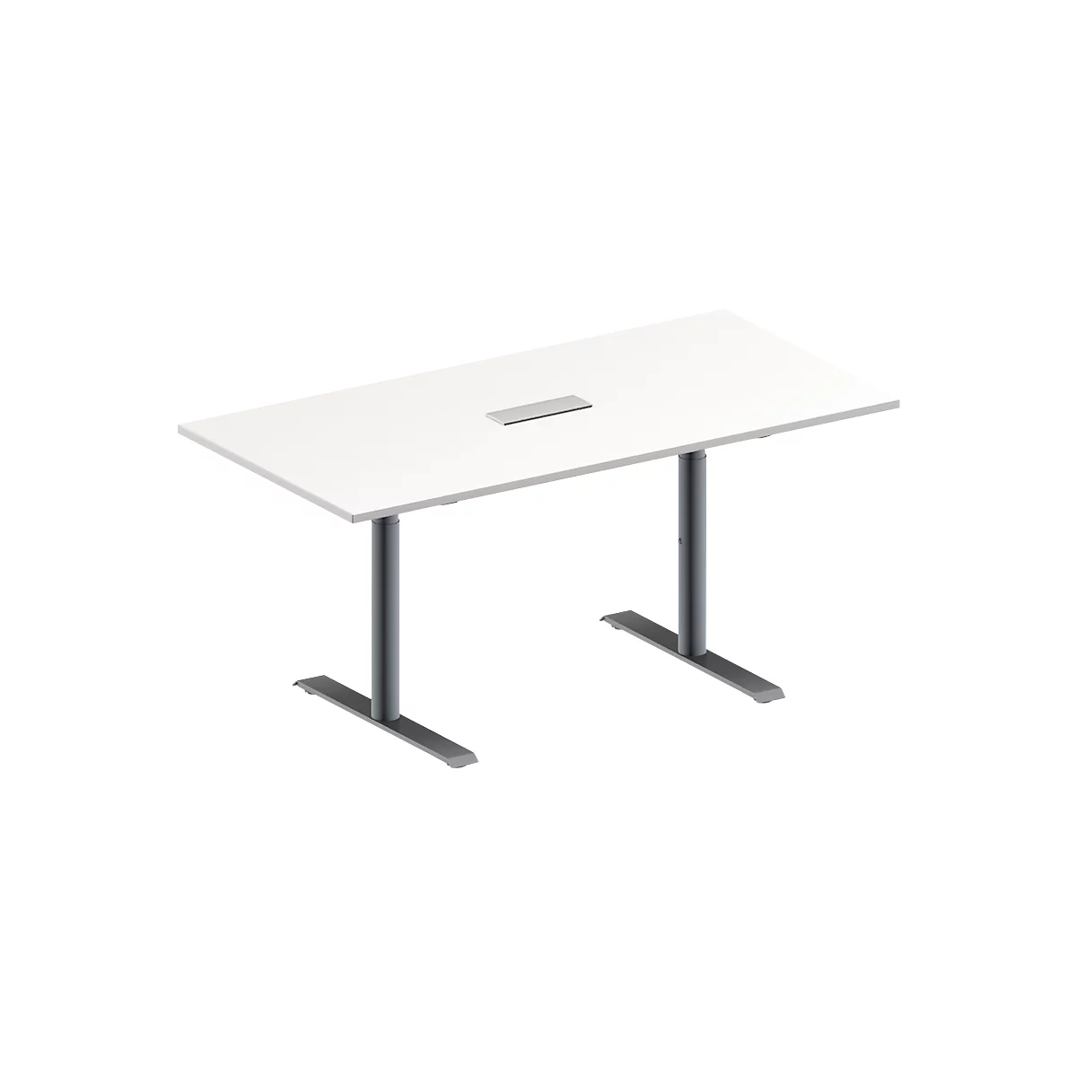 Schäfer Shop Genius Mesa de reuniones MODENA FLEX, ajustable en altura, cuadro de conexión de 3 tomas, forma rectangular, pata en T tubo redondo, An 1600 x P 800 mm, blanco