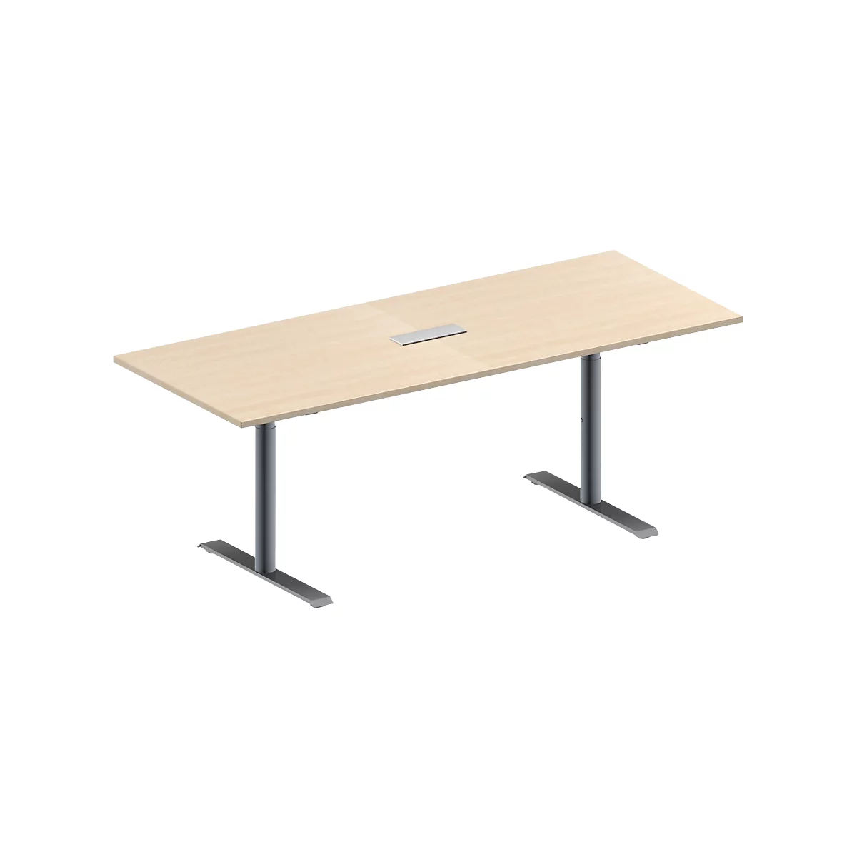 Schäfer Shop Genius Mesa de reuniones MODENA FLEX, ajustable en altura, cuadro de conexión de 3 tomas, forma rectangular, pata en T tubo redondo, An 2000 x P 800 mm, acabado en arce